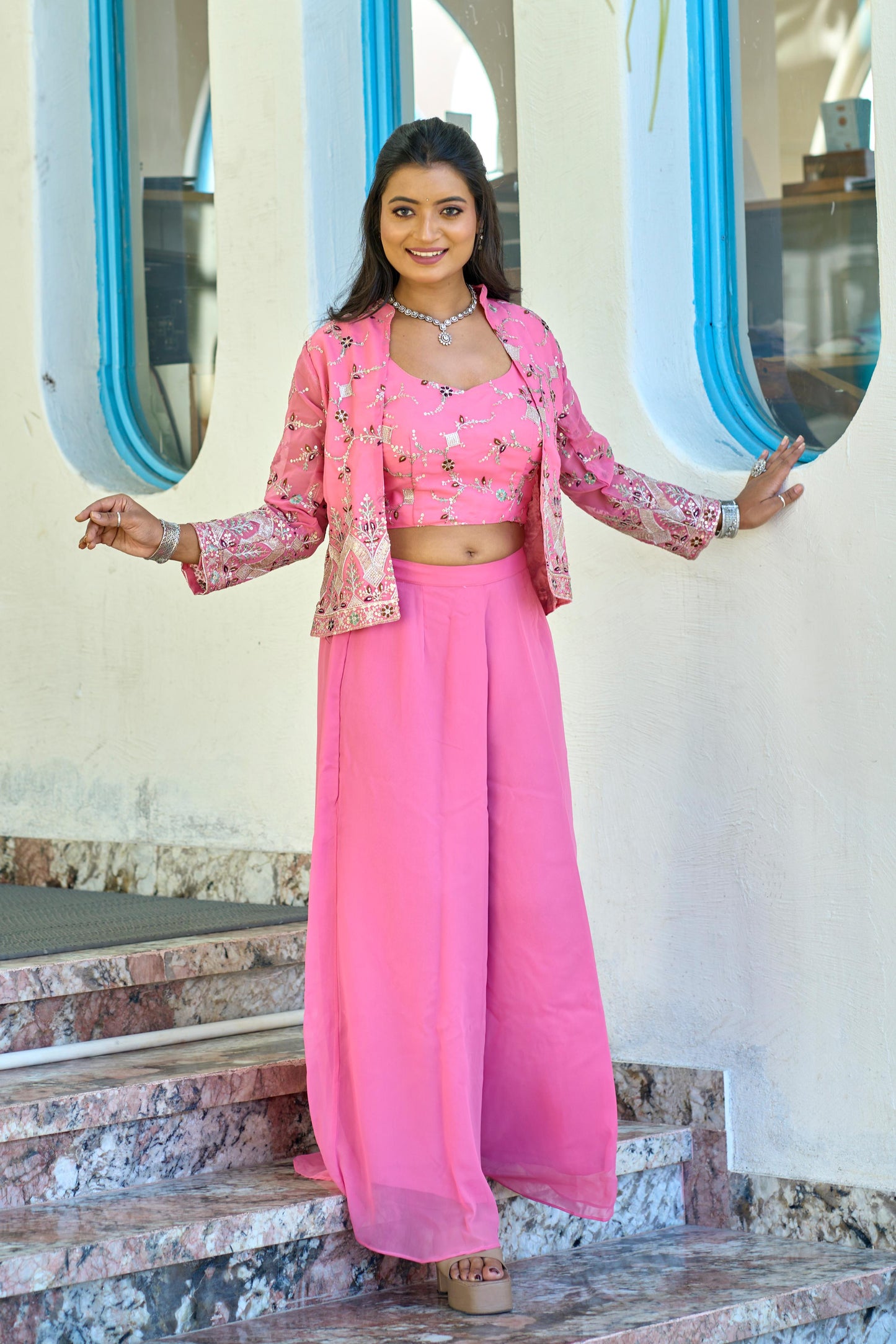 Pink color georgette sharara suit with koti images