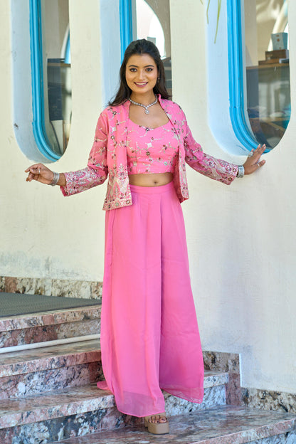 Pink color georgette sharara suit with koti images