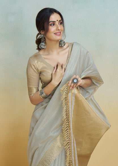 Grey color khadi silk saree with blouse images