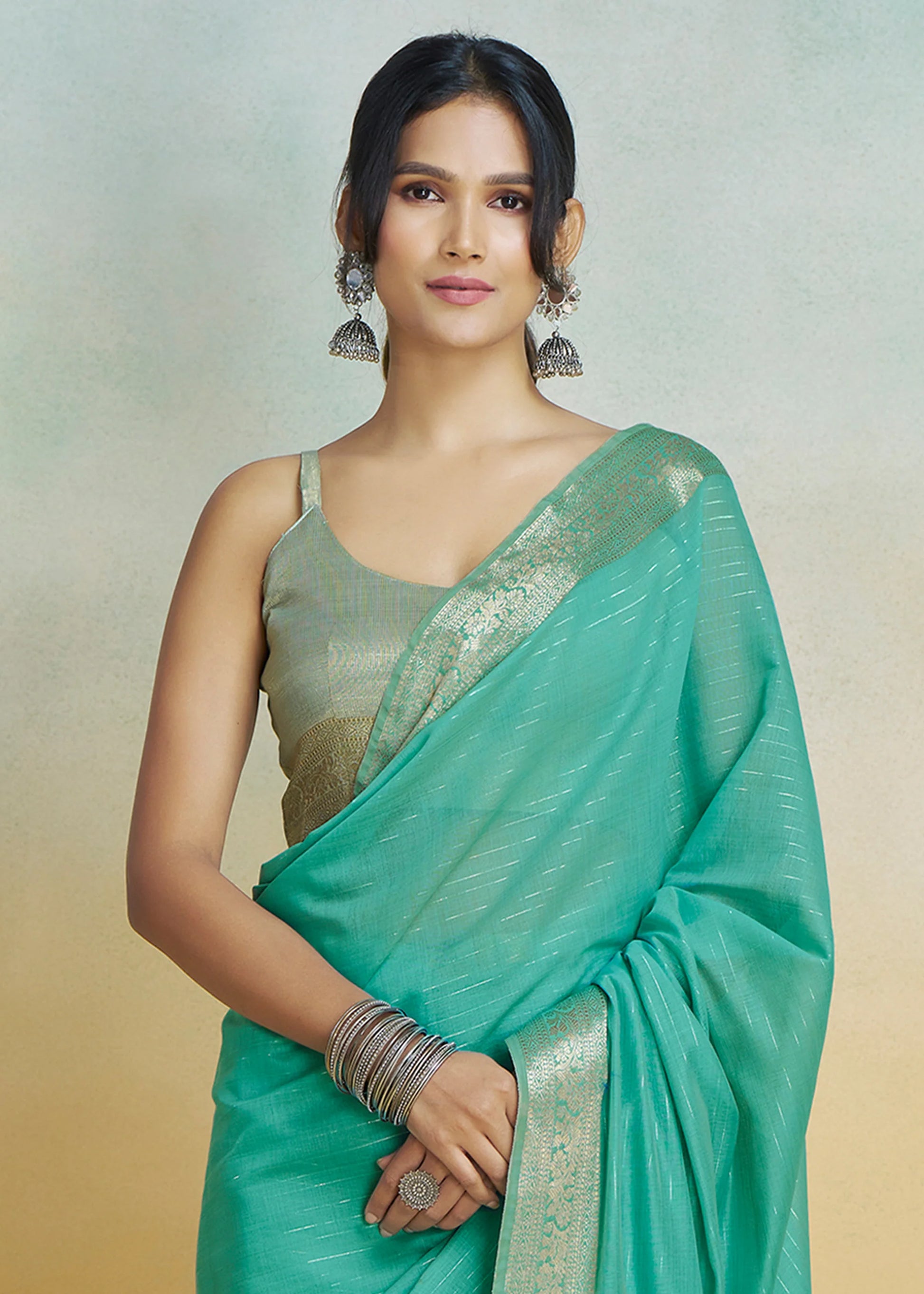 Rama color khadi silk saree with blouse images