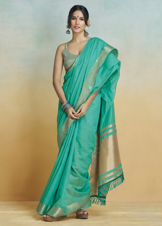 Rama color khadi silk saree with blouse price