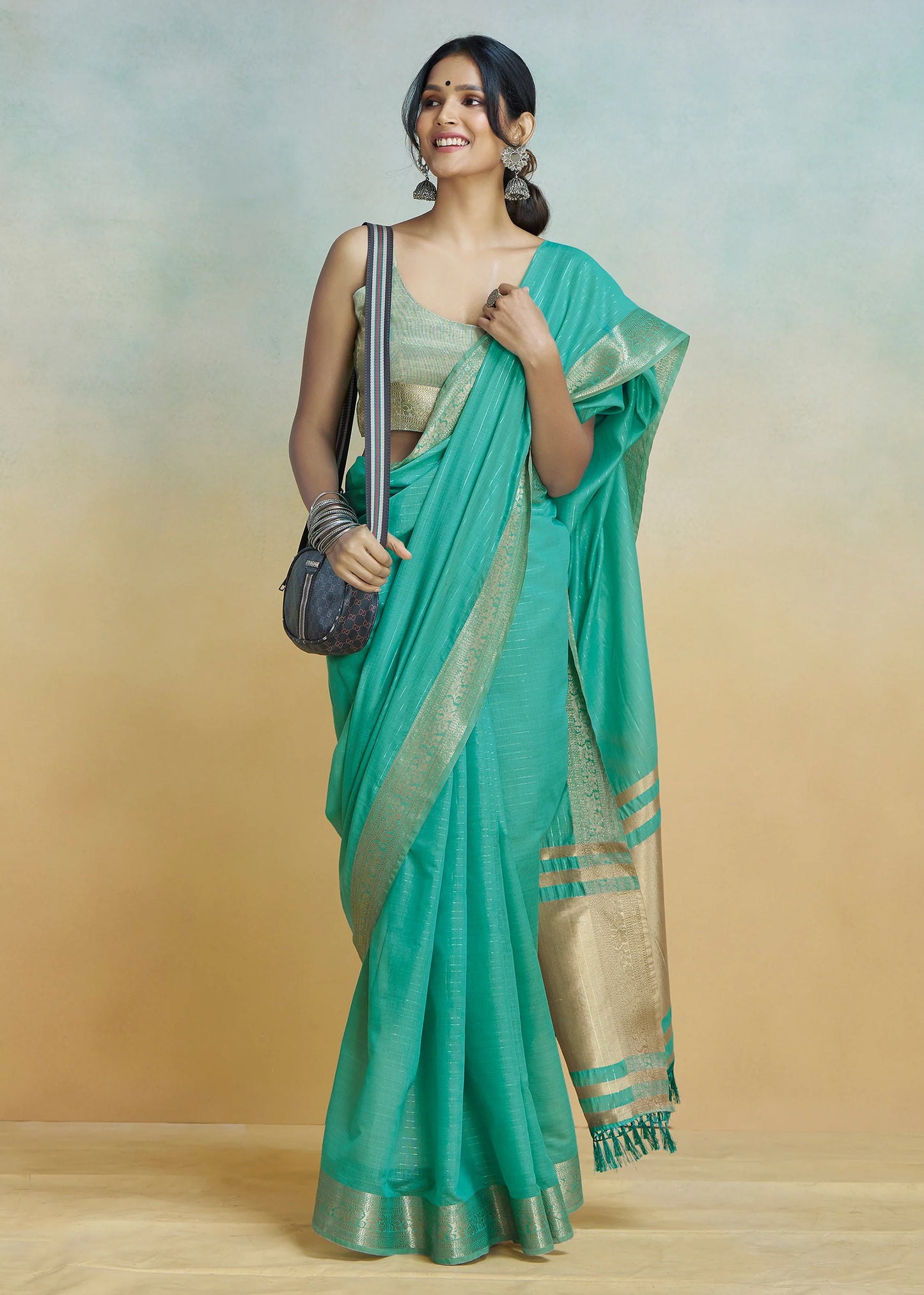 Rama color khadi silk saree with blouse online