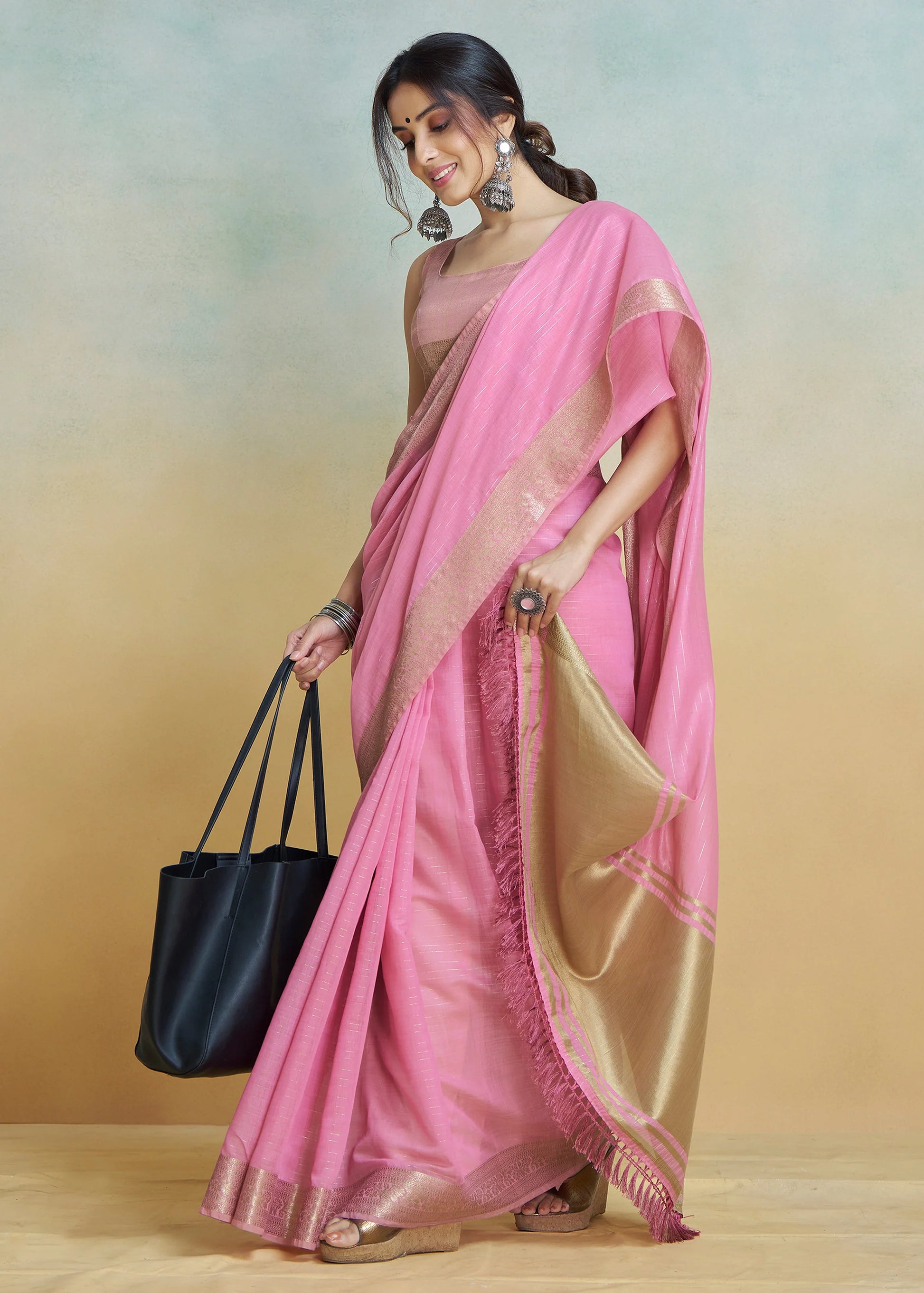 Pink color khadi silk saree with blouse online