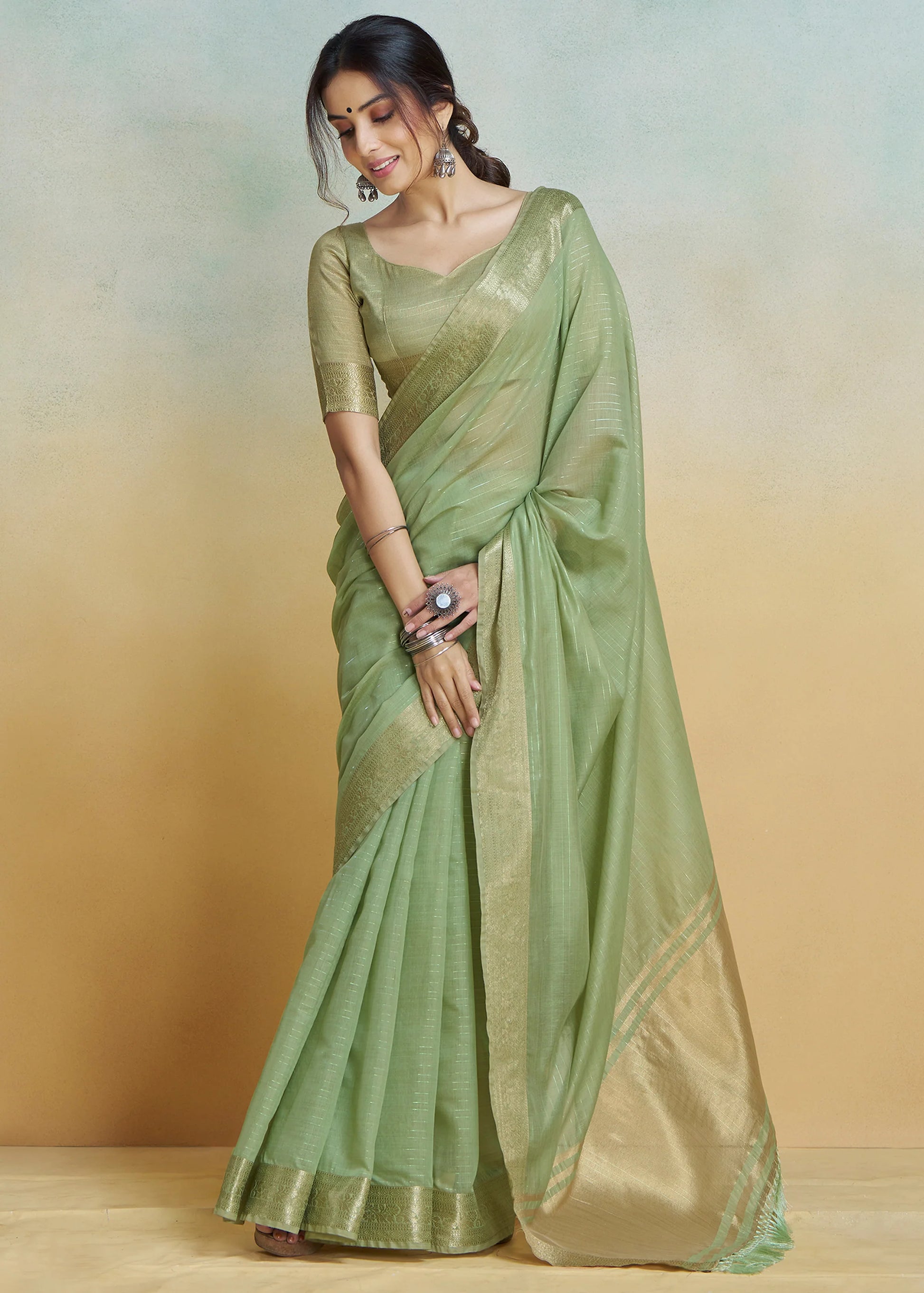 Pista Green color khadi silk saree for wedding