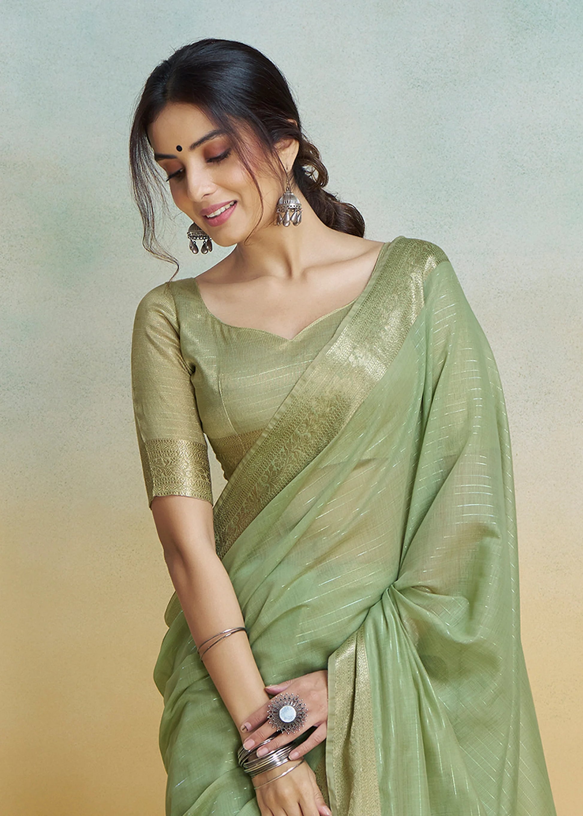 Pista Green color khadi silk saree with blouse online