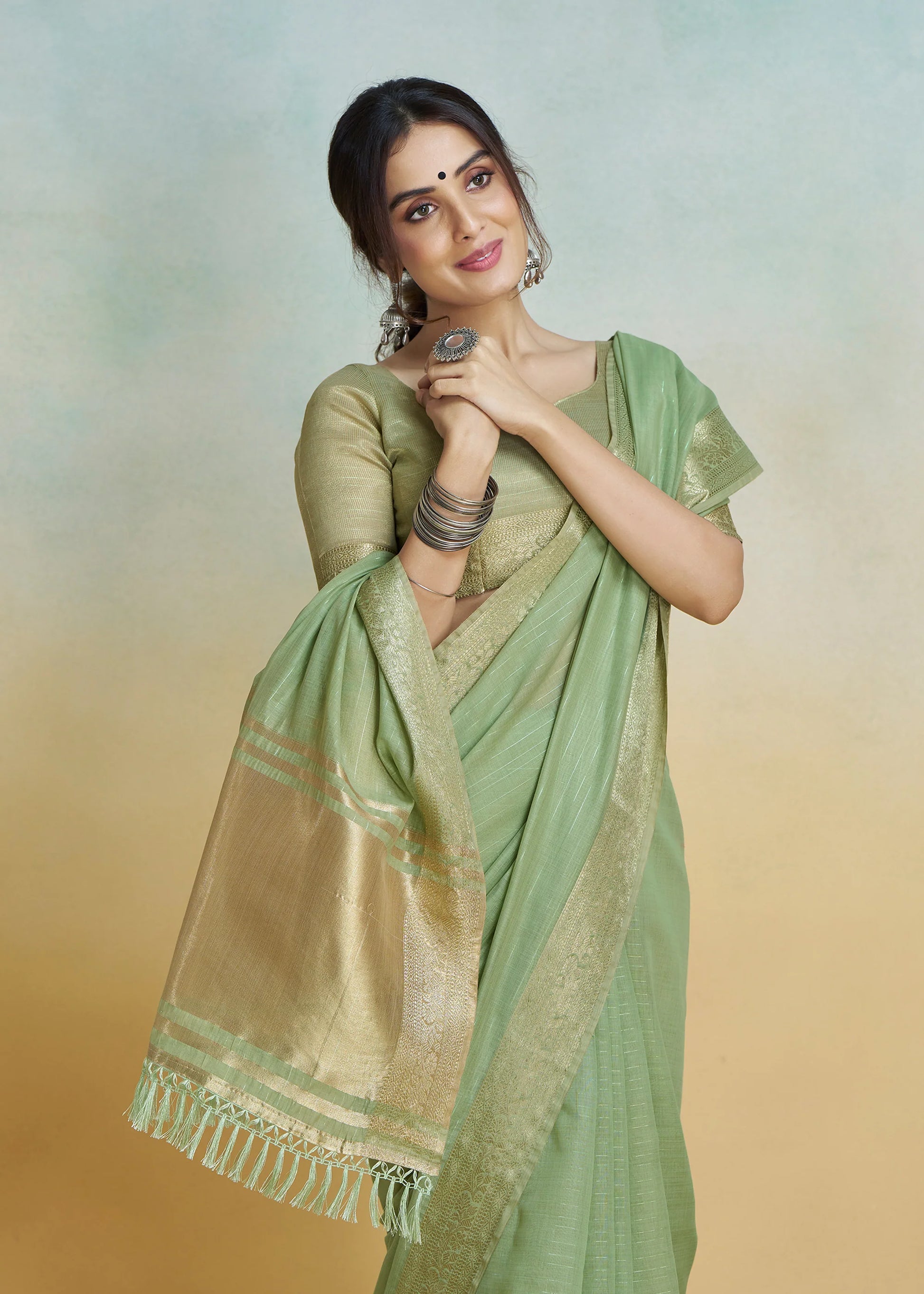 Pista Green color khadi silk saree with blouse images