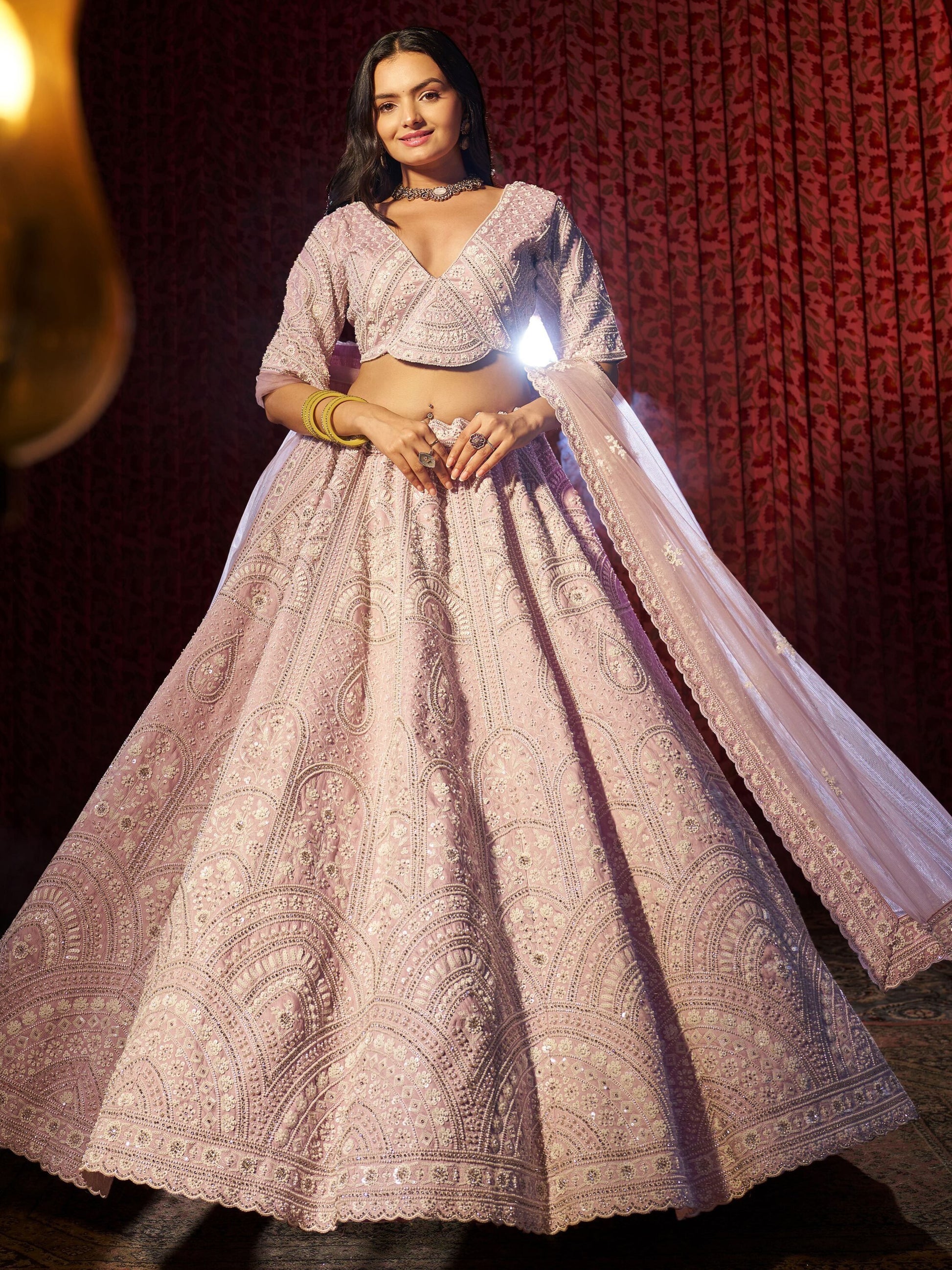 Lilac color silk cut dana work lehenga choli price