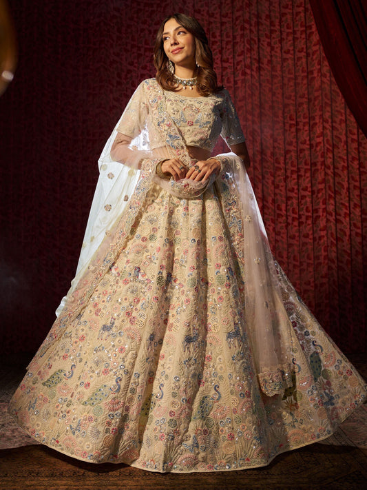White color silk sequins work lehenga choli for women 
