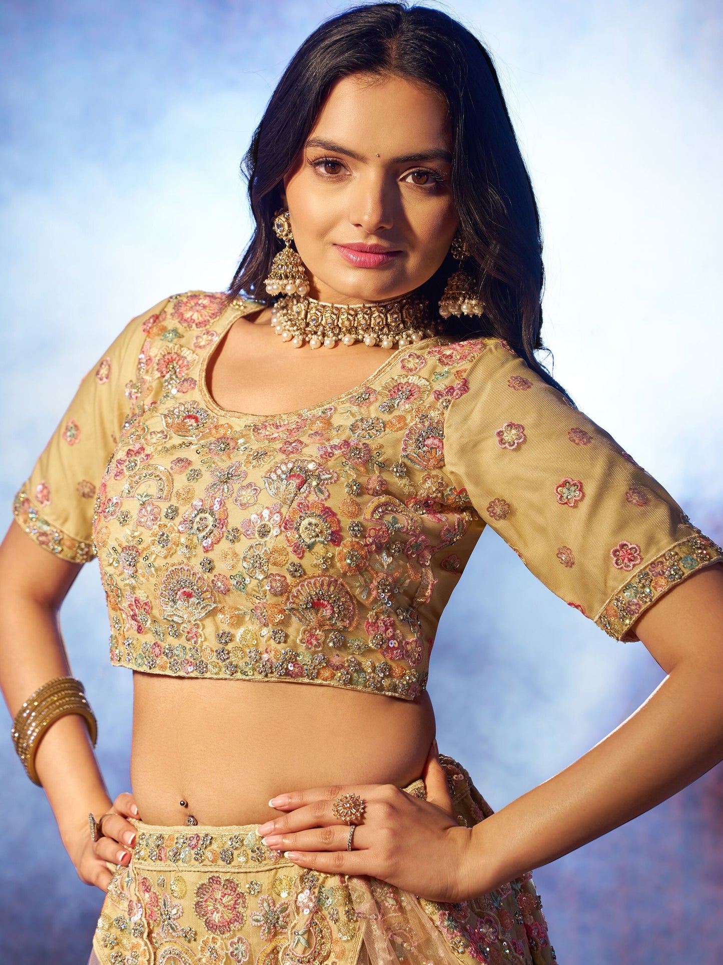 Beige color net lehenga choli with dupatta for engagement