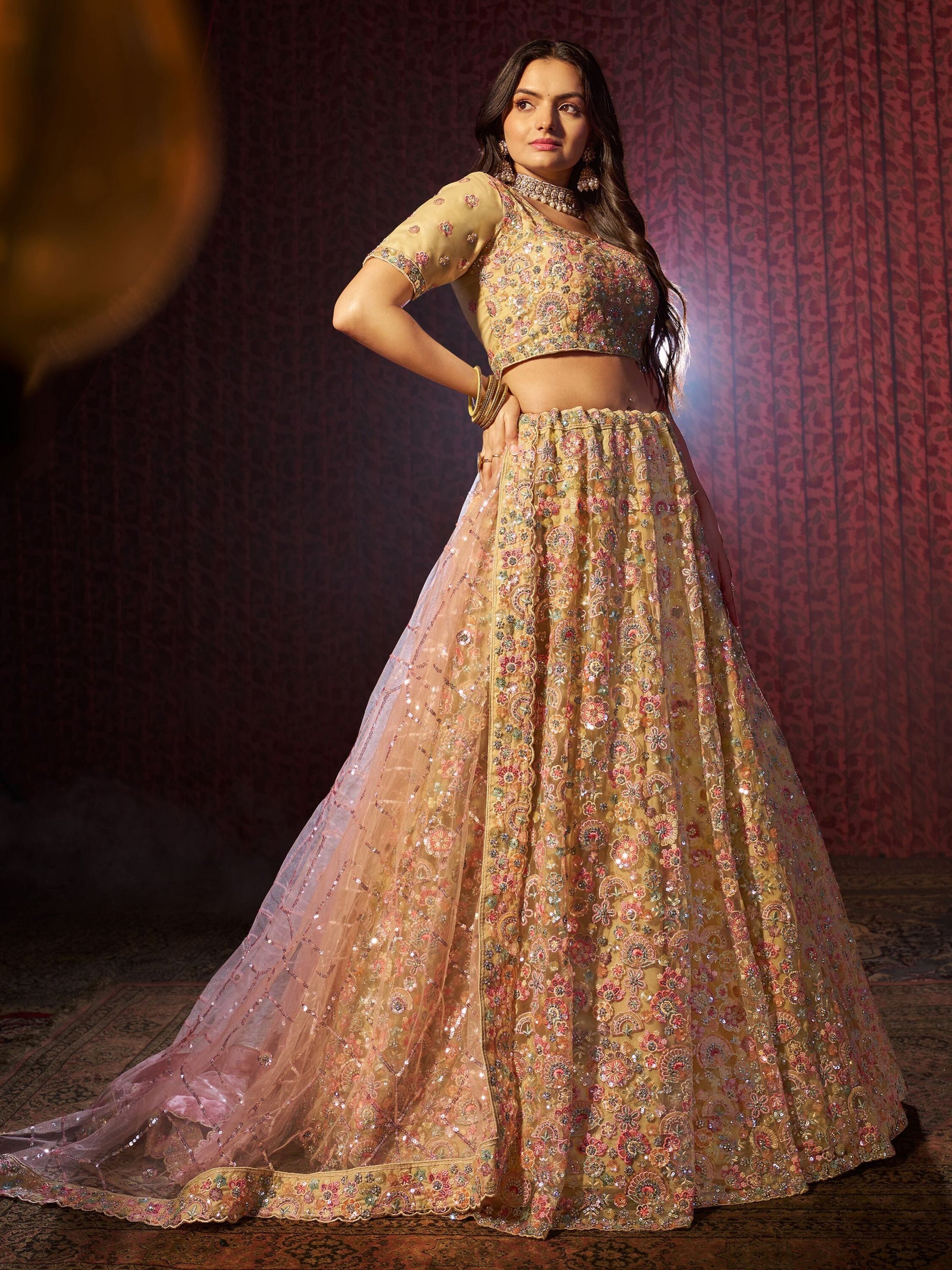 Beige color net lehenga choli with dupatta