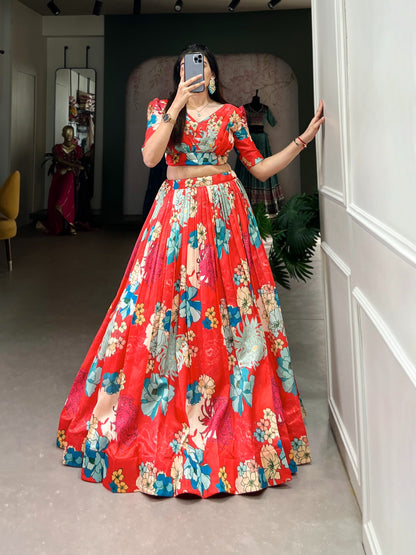 Red color tussar silk lehenga with blouse price
