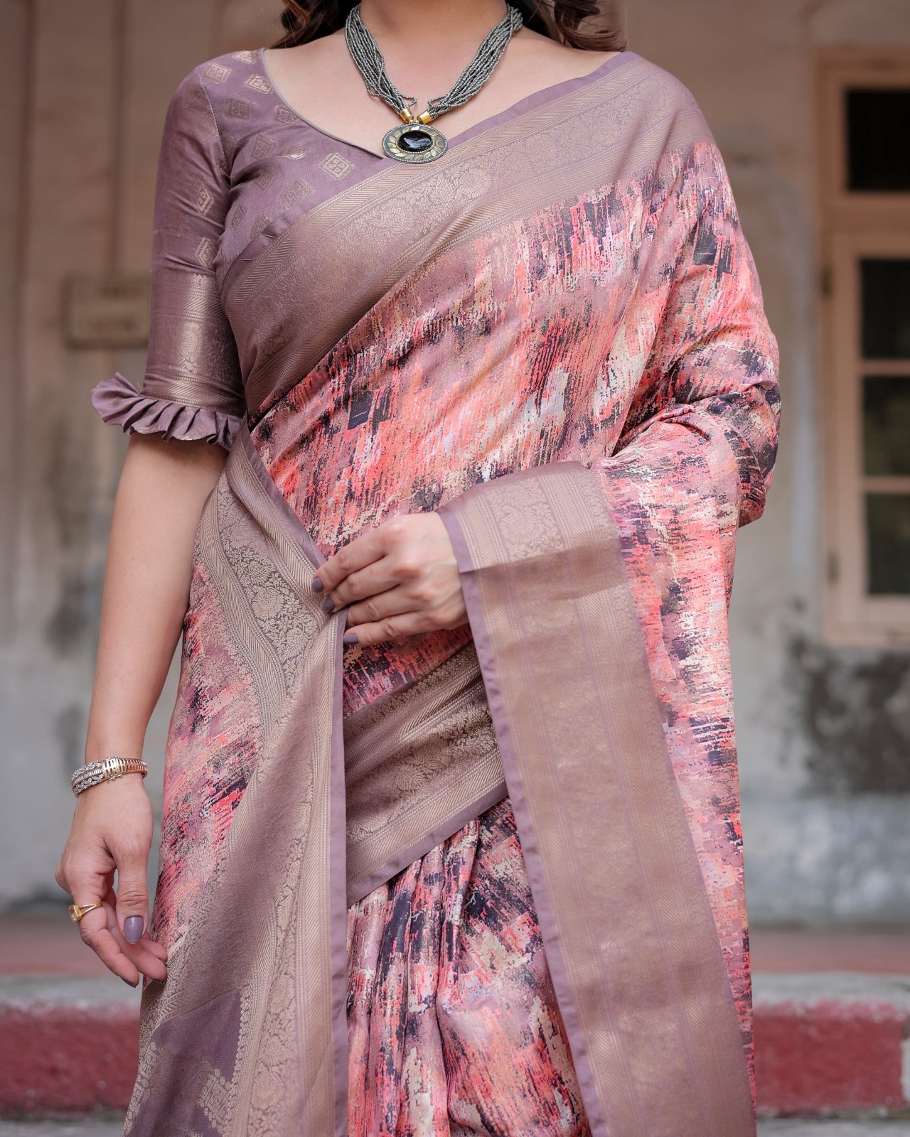 Peach color banarasi silk saree with blouse price