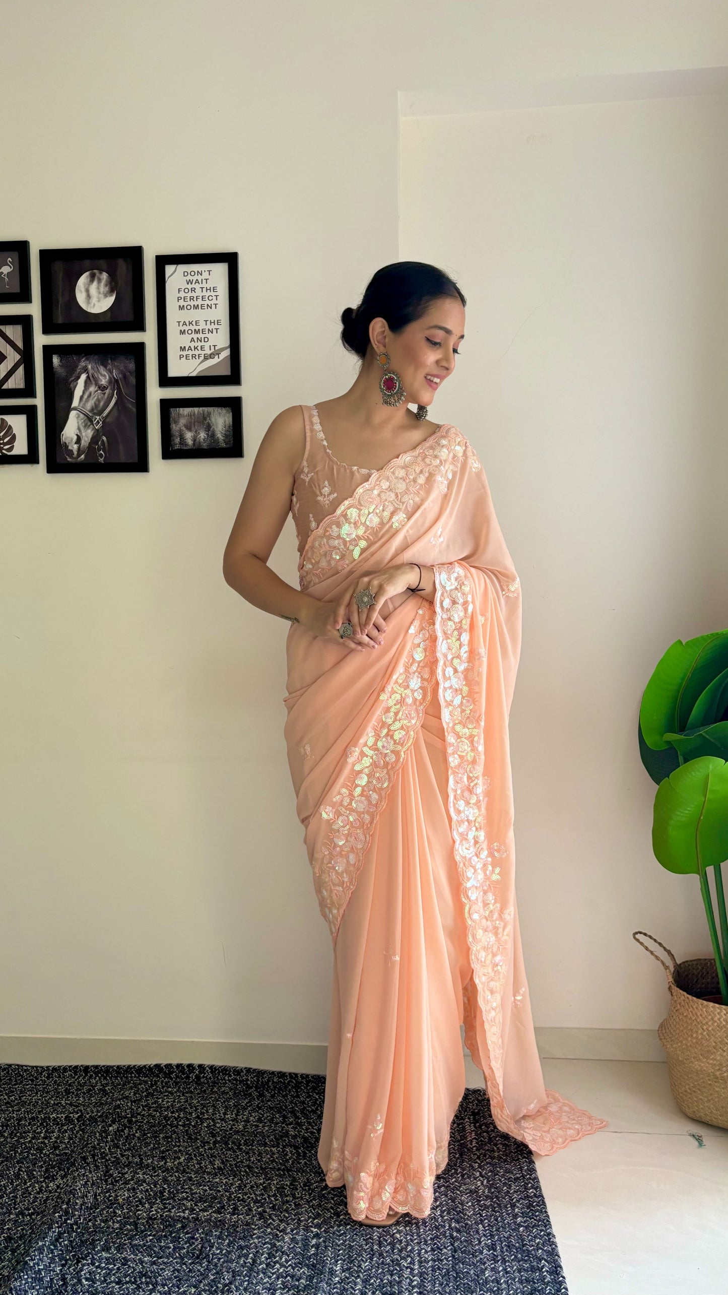 Peach color georgette saree for women with price

