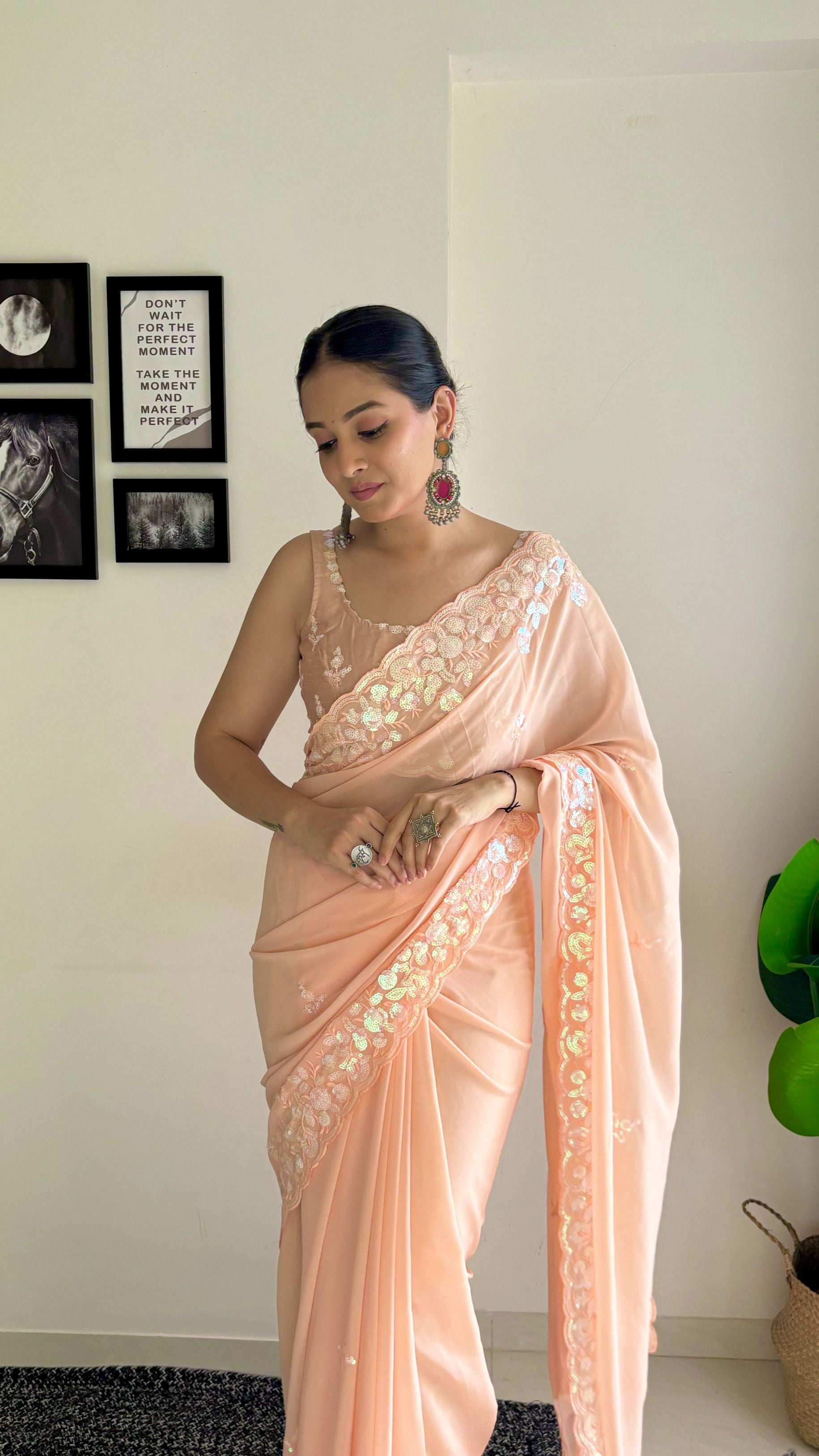Peach color georgette saree online 