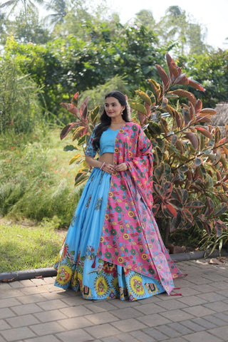 Sky blue color printed simple lehenga choli