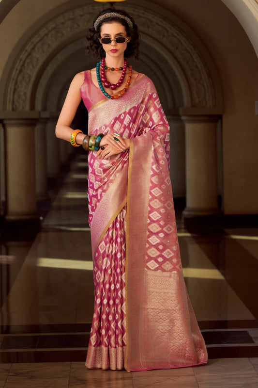 Pink color tissue silk saree for women