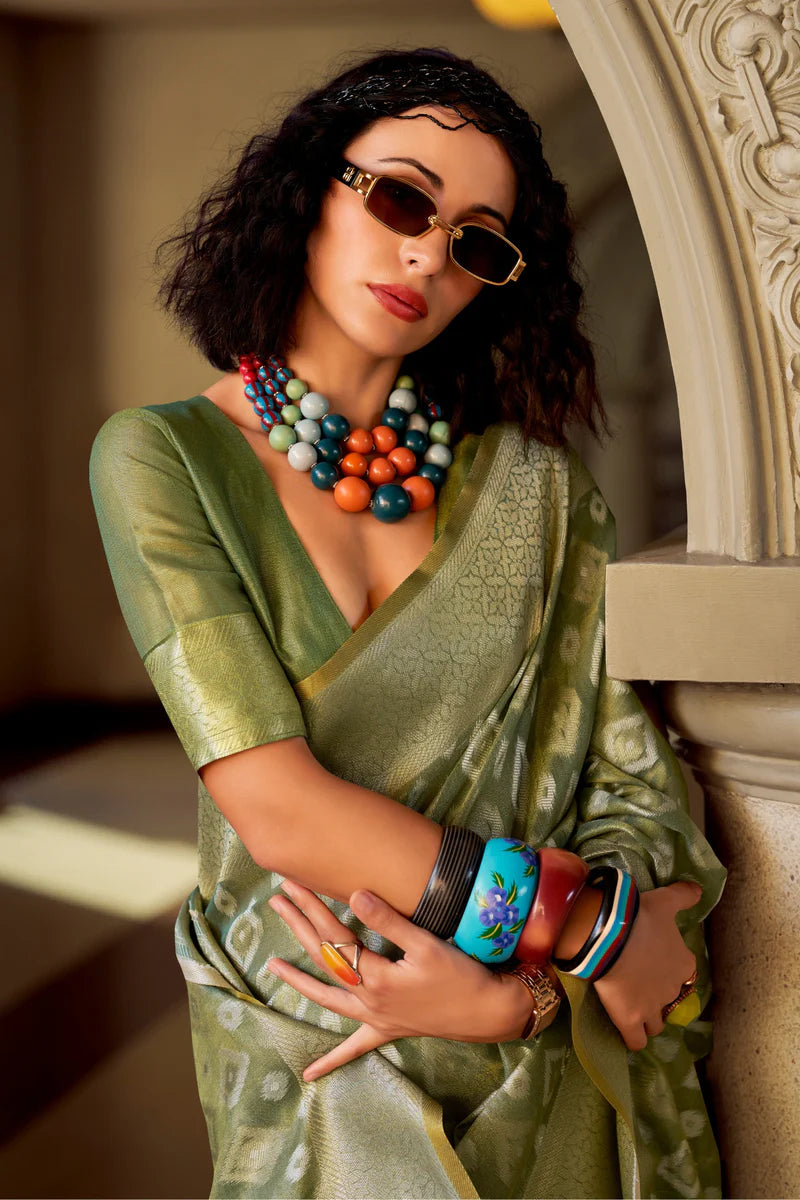 Green color tissue silk saree with blouse price