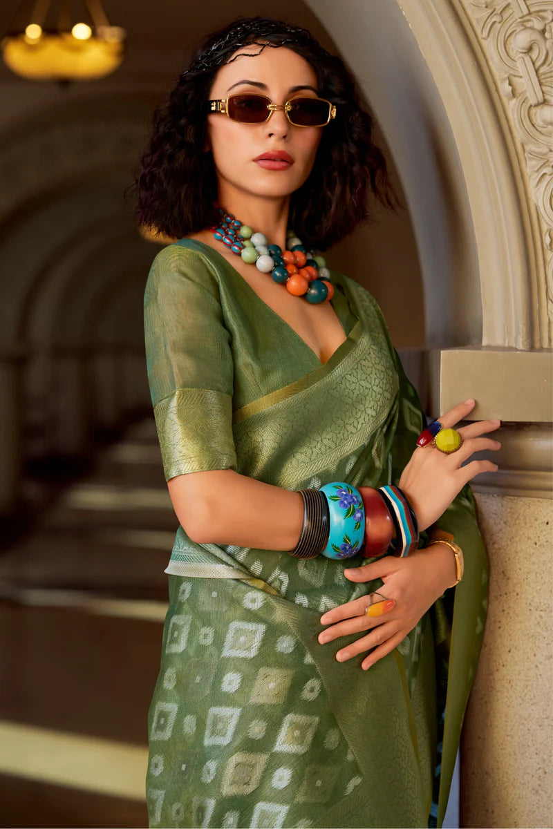 Green color tissue silk saree with blouse online