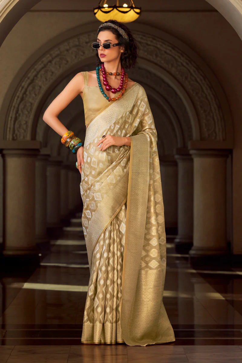 Beige color tissue silk saree for women