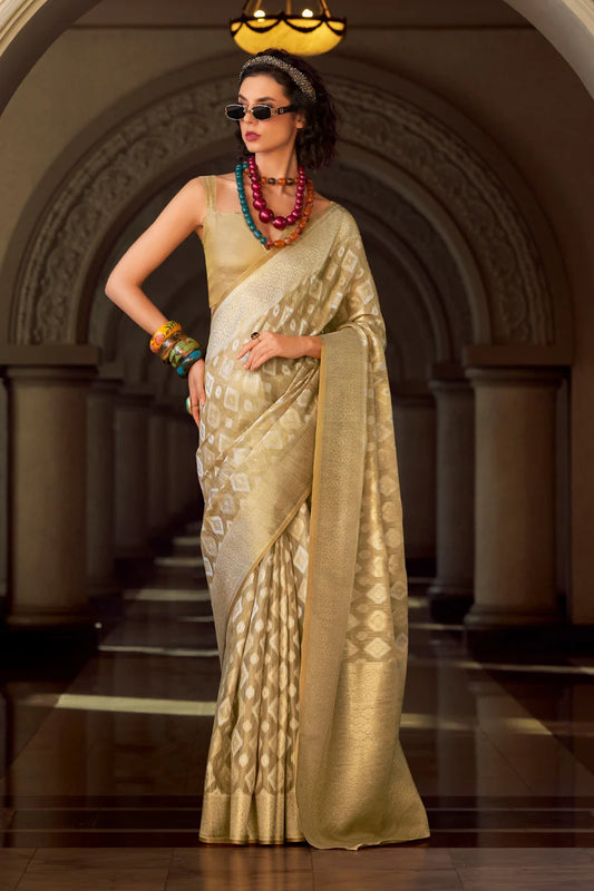 Beige color tissue silk saree for women