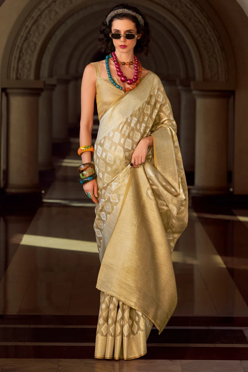 Beige color tissue silk saree with blouse online