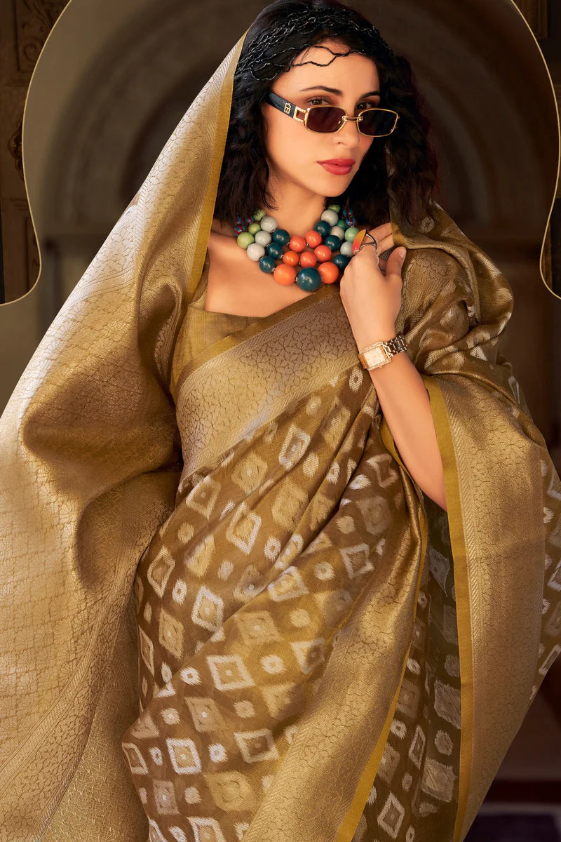 Brown color tissue silk saree with blouse images