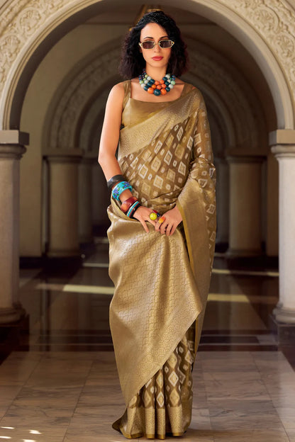 Brown color tissue silk saree with blouse price