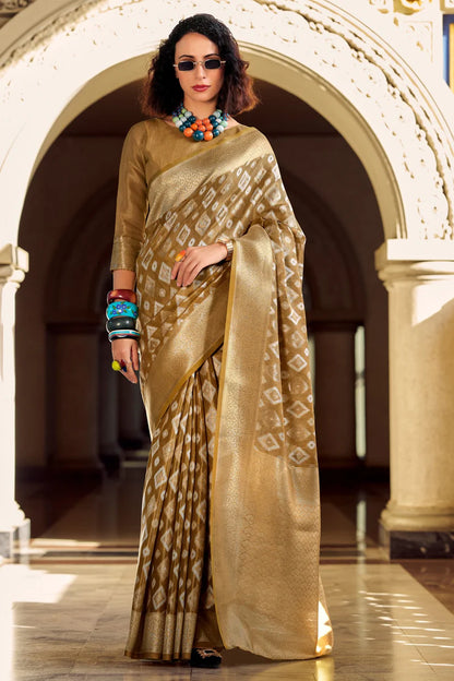 Brown color tissue silk saree with blouse online