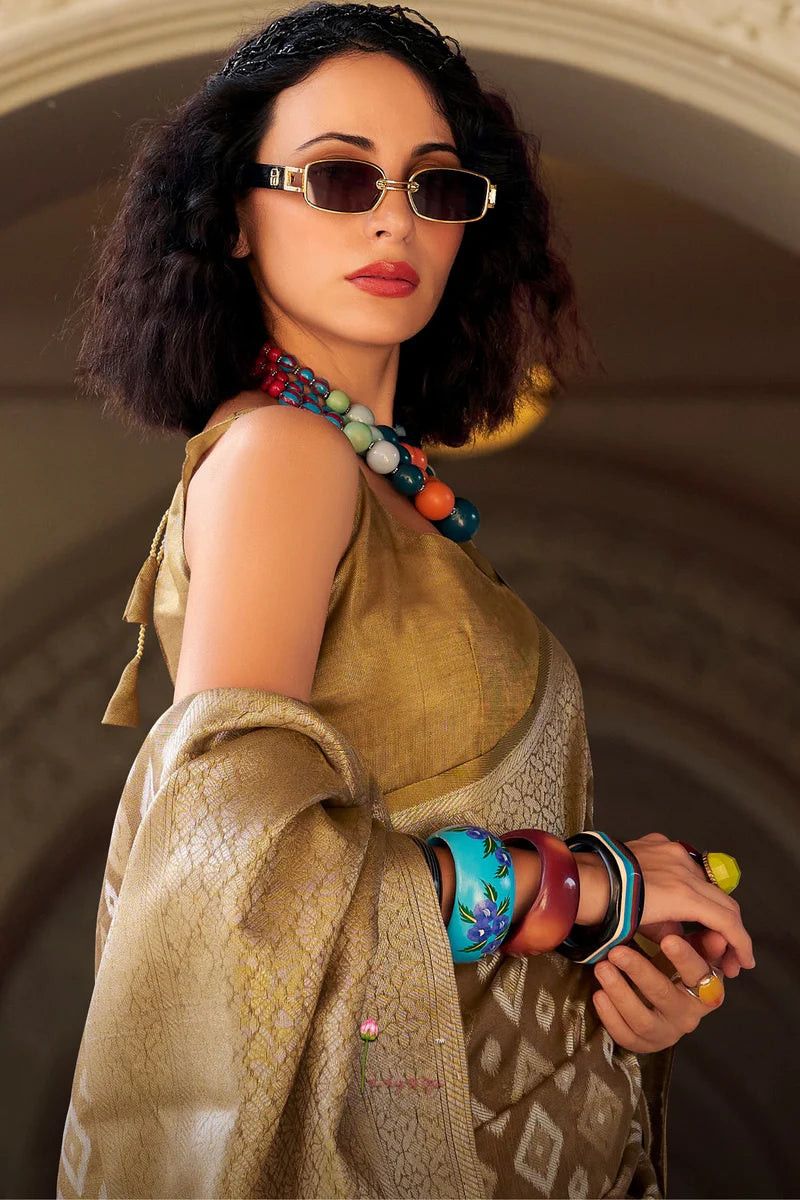 Brown color tissue silk saree with blouse design