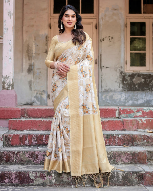 Ivory color banarasi silk saree for women