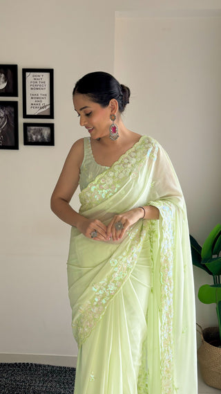 Pista color saree with blouse
