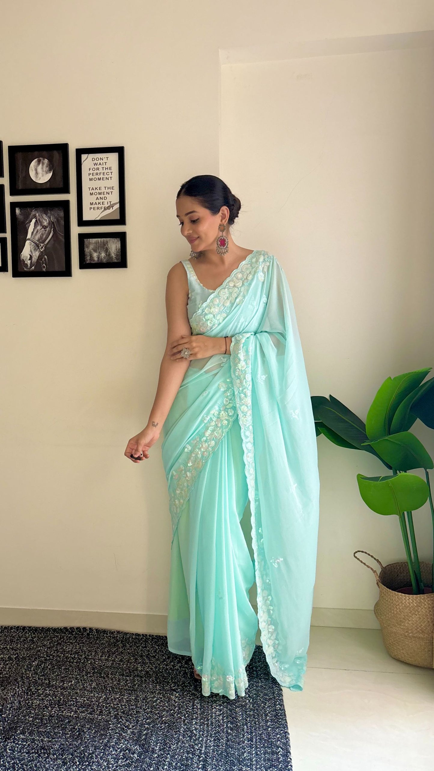Sky blue color georgette saree for women online shopping
