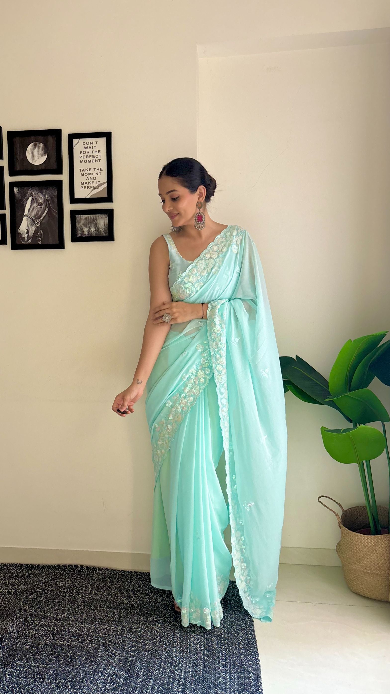 Sky blue color georgette saree for women online shopping
