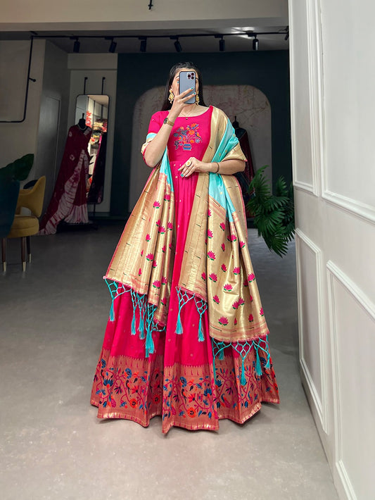 Pink color jacquard silk long gown for women