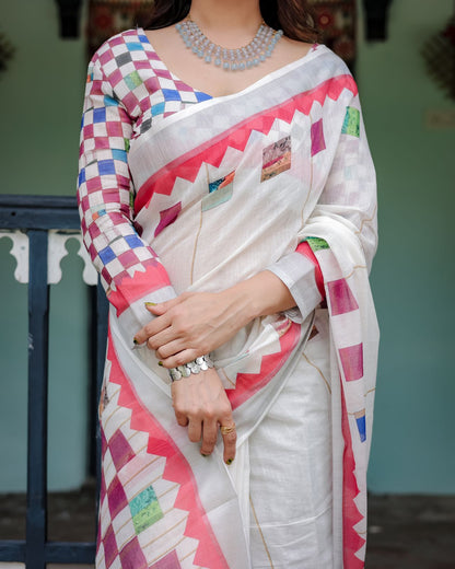 White color linen printed saree price