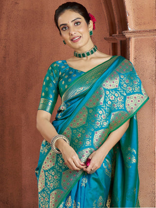 Rama color banarasi silk printed saree for women online
