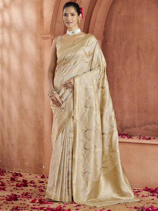 Beige color banarasi silk printed saree for women price
