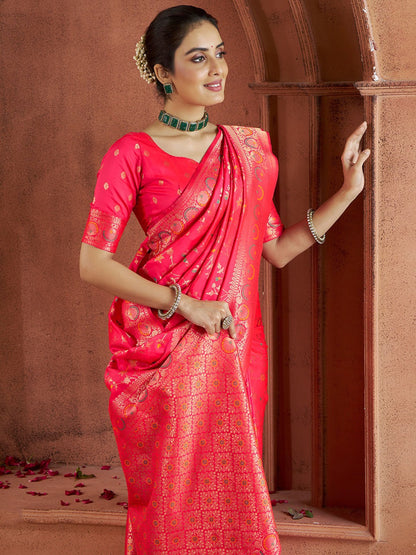 Pink Banarasi Silk Saree With Blouse images
