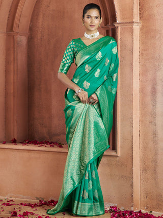 Green banarasi silk printed saree for women price
