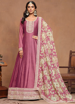 Long sleeve pink embroidery work gown for women
