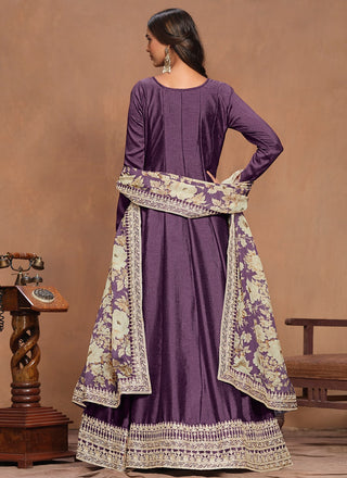 Long sleeve purple embroidery work gown for women price