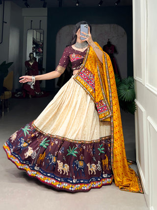 Wine printed with gamthi work lehenga choli