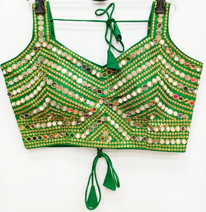 Green color silk embroidery work mirror work lehenga blouse 