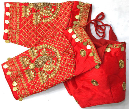 Red color silk codding work sarees blouse images