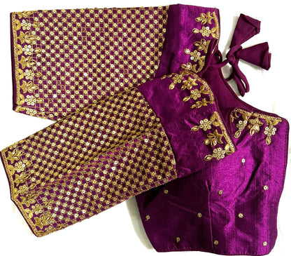 Wine color phantom silk sequins work stitched blouse