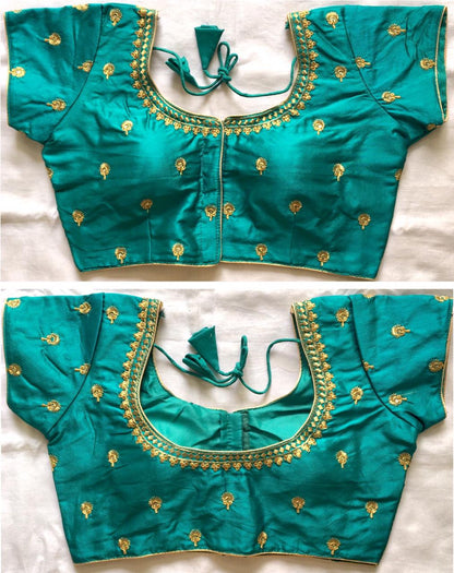 Rama color silk sequins work sarees blouse 