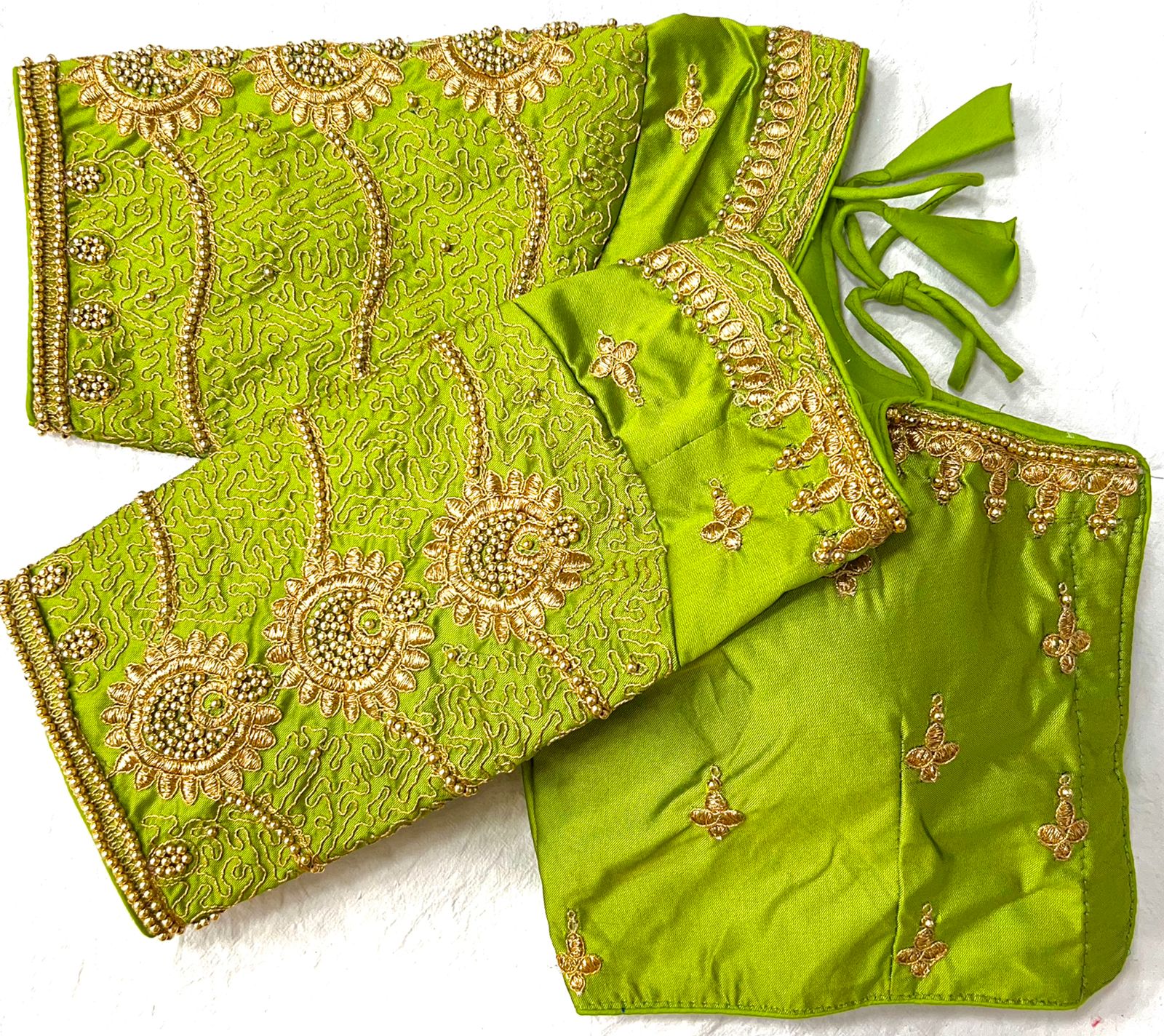 Parrot green color silk embroidery work blouse images