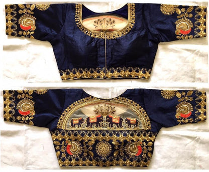 Navy Blue color malbari silk embroidery work blouse 