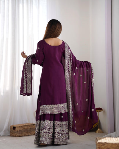 Purple color chinon silk sharara suit with dupatta for party