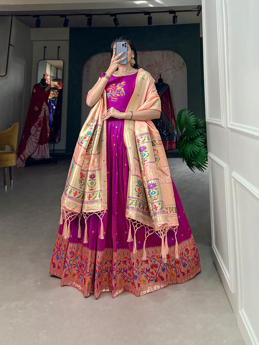 Purple color jacquard silk long gown 